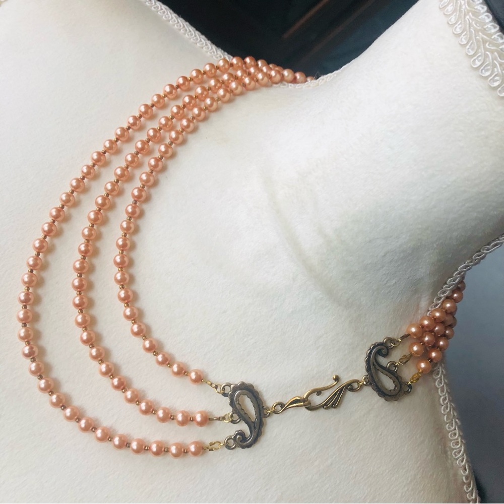 Handcrafted triple strand Czech glass Pearl paisley filigree clasp necklace
